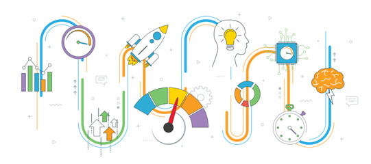 Performance and efficiency, growth in business with icons.