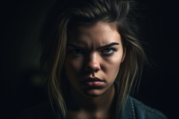 attractive and intense female portrait showcasing anger in a studio setting with soft lighting and subtle shadows, generative ai