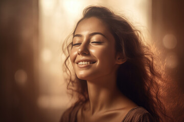 Blissful woman with a peaceful smile, bathed in soft, loving light, creating an aura of pure love and contentment, generative ai