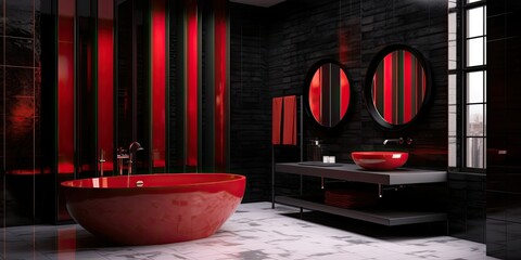 Modern and contemporary luxuruous bathroom interior design concept. With marbre, glass and concrete, bright and spacious. Black red and white. Generative AI illustration.