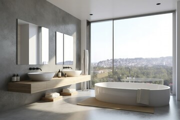 Modern and contemporary luxuruous bathroom interior design concept. With marbre, glass and concrete, bright and spacious. Generative AI illustration.