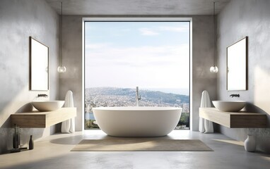 Obraz na płótnie Canvas Modern and contemporary luxuruous bathroom interior design concept. With marbre, glass and concrete, bright and spacious. Generative AI illustration.