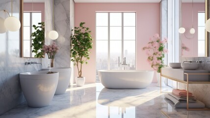 Naklejka na ściany i meble Modern and contemporary luxuruous bathroom interior design concept. With marbre, glass and concrete, bright and spacious. Light pink and white. Generative AI illustration.