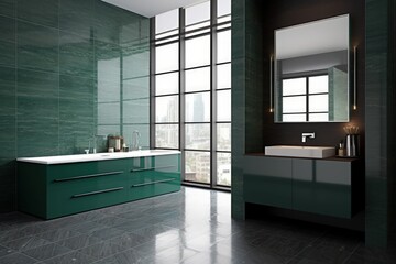 Modern and contemporary luxuruous bathroom interior design concept. With emerald green marbre, glass and concrete, bright and spacious. Generative AI illustration.