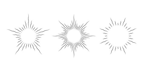 Retro curved sunburst frames set. Vintage wavy sunlight rays pack. Warped curved radial sunbeams design elements for logo, labels, badges, banners. Vector illustration collection