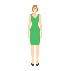 Women to do shoulder measurement body with arrows fashion Illustration for size chart. Flat female character front 8 head size girl in green dress. Human lady infographic template for clothes