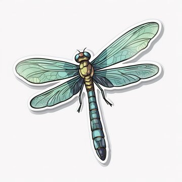Cartoon sticker of a Dragonfly over white background. Generative AI illustration