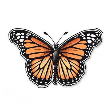 Colorful cartoon sticker of a Monarch butterfly over white background. Generative AI illustration