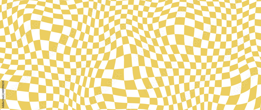 Poster Yellow distorted checkerboard background. Retro psychedelic checkered wallpaper. Wavy groovy chessboard surface. Trippy twisted geometric pattern. Abstract vector backdrop