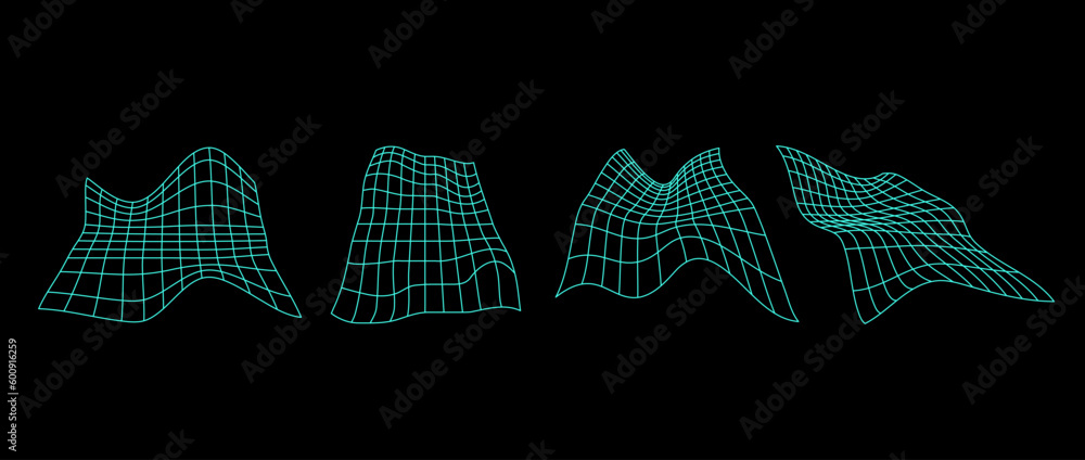 Aufkleber Neon distorted perspective grid pack. Glitch rectangle plane set on dark background. Wavy futuristic elements bundle. Ripple wireframes. Vector abstract collection. 