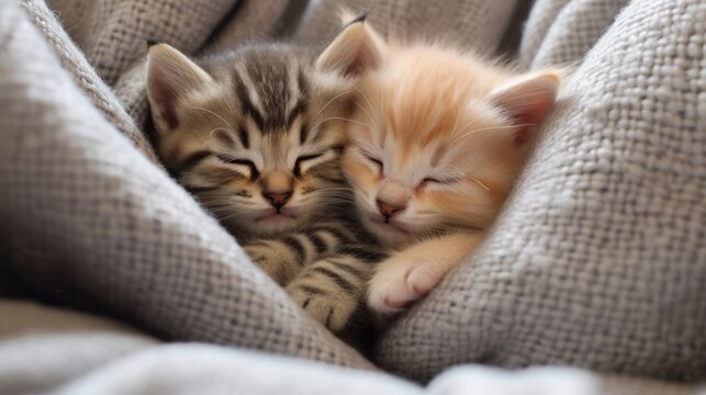 A pair of cuddly kittens snuggled up together. AI generated