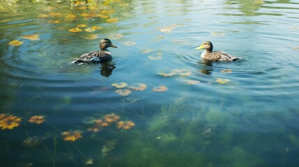 A pair of ducks swimming in a pond. AI generated