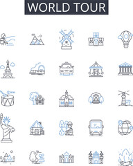 Fototapeta na wymiar World tour line icons collection. Navigate, Guide, Directions, Pointer, Signpost, Map, Route vector and linear illustration. Compass,Arrow,Indication outline signs set