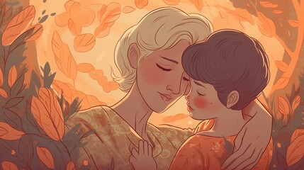 Mother hugging her son, illustration with floreal Background - Celebrating Mother's Day. Created with Generative AI technology