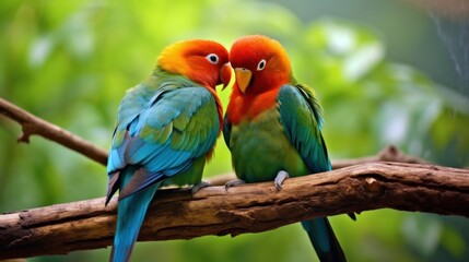 Fototapeta na wymiar A pair of lovebirds snuggling on a branch. AI generated