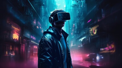 Man Wearing Virtual Reality headset in Cyberpunk/Neonpunk style - Futuristic VR Concept, Generative AI