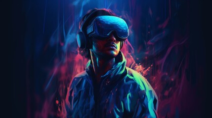 Obraz na płótnie Canvas Man Wearing Virtual Reality headset in Neonpunk style - Futuristic VR Concept, Generative AI