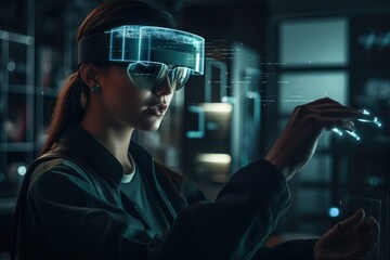 Conceptual image depicting a person utilizing augmented reality to collaborate with an AI system, showcasing the dynamic interaction between human and machine. Created with generative A.I. technology. - obrazy, fototapety, plakaty