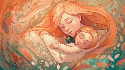 Mother sleeping with daughter, illustration with Nature Background - Celebrating Mother's Day. Created with Generative AI technology