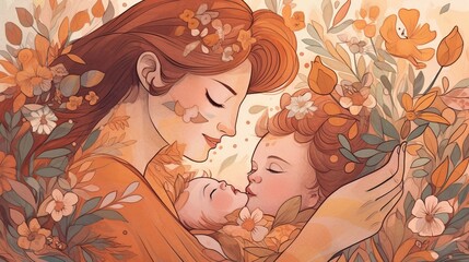 Mother and Children Illustration with Flower Background - Celebrating Mother's Love and Mother's Day. Created with Generative AI technology