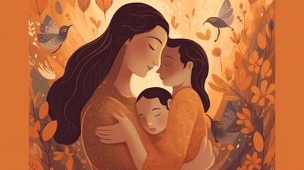 Mother and Children Illustration with Nature Background - Celebrating Mother's Love and Mother's Day. Created with Generative AI technology