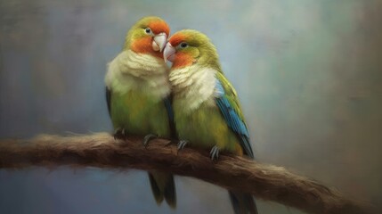 Fototapeta na wymiar A pair of lovebirds snuggling on a perch. AI generated