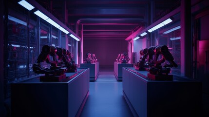 Robots in Manufacturing Factory - Futuristic Machine Aesthetics with Modern Style and Computer Screens - Generative AI