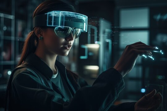 Conceptual image depicting a person utilizing augmented reality to collaborate with an AI system, showcasing the dynamic interaction between human and machine. Created with generative A.I. technology.