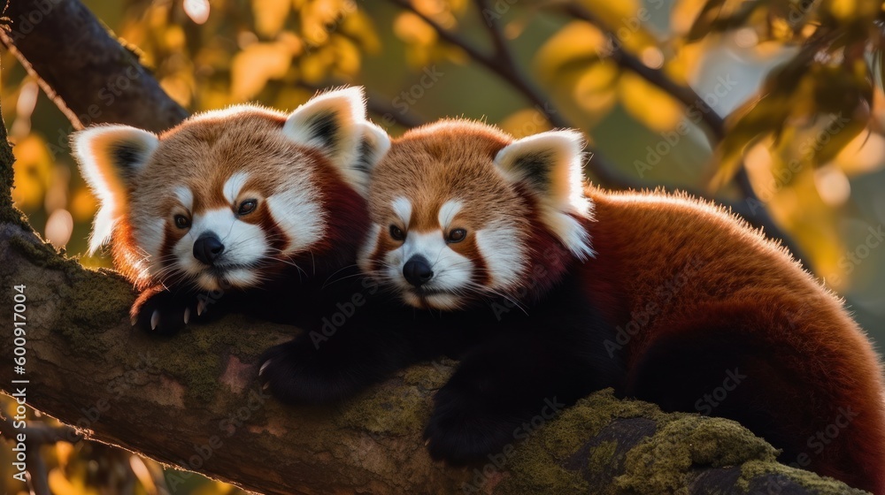 Poster a pair of red pandas cuddling in a tree. ai generated