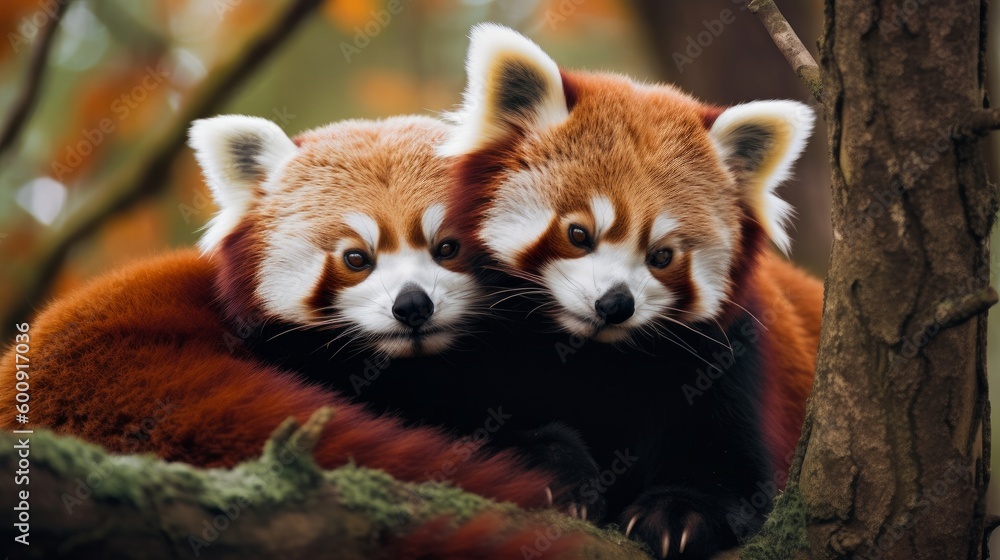 Aufkleber a pair of red pandas cuddling in a tree. ai generated