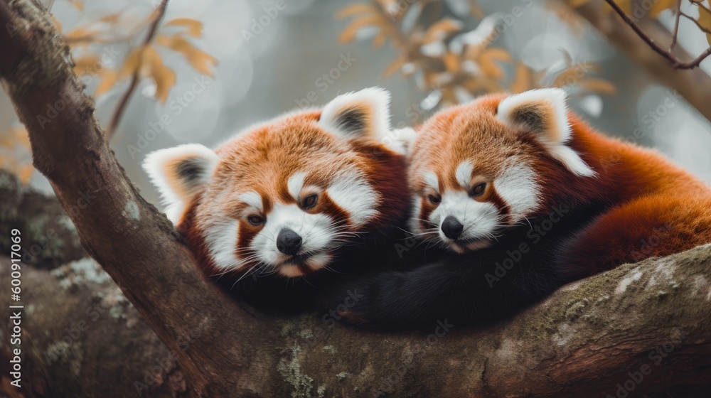 Poster a pair of red pandas cuddling in a tree. ai generated