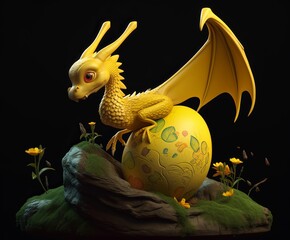 3D  Cartoon Yellow Dragon on Heart - Vibrant and Realistic Illustration  - Generative AI