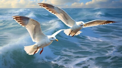Obraz premium A pair of seagulls flying over the ocean. AI generated