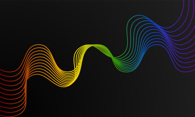 abstract wave background vector with rainbow gradation on black backdrop, pride waves pattern design in seamless illustration for wallpaper,  banner, greeting card, printing, web, desktop, poster.