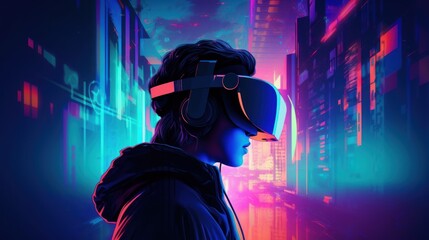 Kid Wearing Virtual Reality headset in Cyberpunk style - Futuristic VR Concept, Generative AI