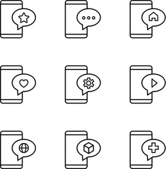 Vector outline signs and symbols drawn in flat style with black thin line. Editable strokes. Line icons of star, dots, house, heart, cogwheel in speech bubble by smartphone