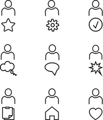 Vector outline signs and symbols drawn in flat style with black thin line. Editable strokes. Line icons of star, gear, heart, speech bubbles by user