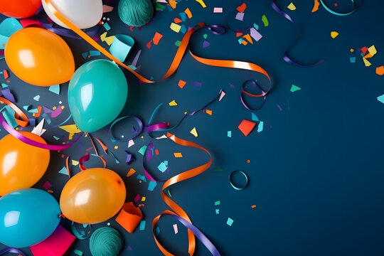 Variety of birthday party supplies on blue background, Generative AI
