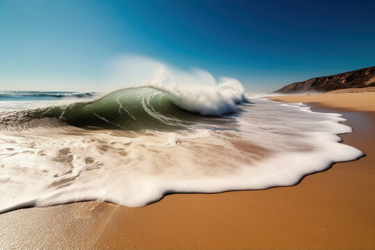 an ocean shore break in front view. Dangerous shore breaking wave. Huge stormy foamy wave. Tsunami. Warning. Powerful ocean waves along of the coast