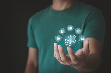 Automation icon in hand. IOT and Automation Software concept as an innovation, improving productivity in technology and business processes.