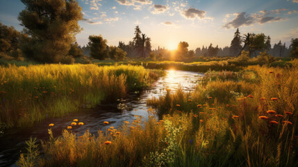 Photo of a meadow with tall grass, wildflowers, and a winding river in the background