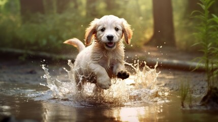A playful puppy splashing in a puddle. AI generated