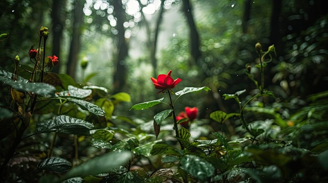 High Detail Photo of Red Rose Focused Background HD Rainforest Generative AI Image 