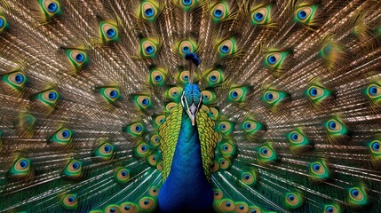 Fototapeta premium A proud peacock displaying its feathers. AI generated