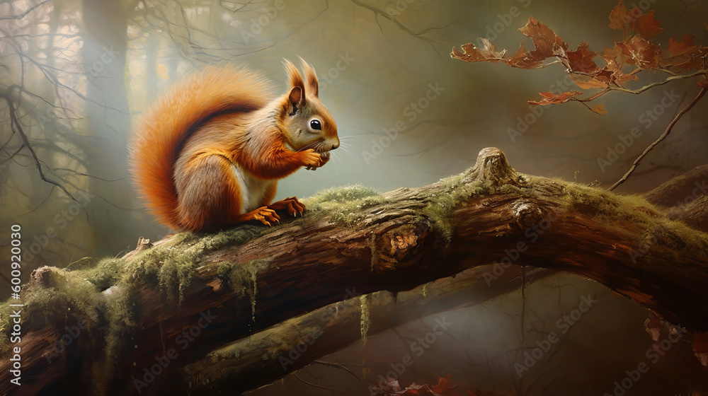 Poster a red squirrel perched on a tree branch nibbling on . ai generated