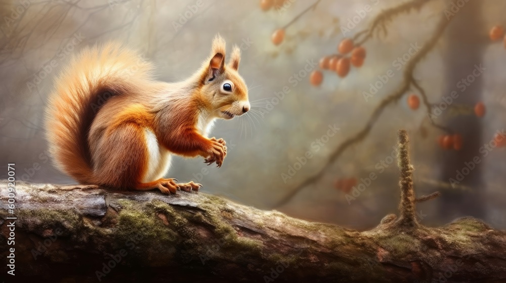 Poster a red squirrel perched on a tree branch nibbling on . ai generated