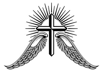 Fototapeta premium Shining cross engraving. Winged emblem. Holy sign
