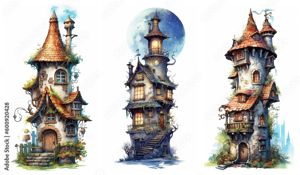 Wall mural watercolour fantasy tiny rustic house. fantasy set of illustrations on a white background. fussy cut