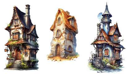 Fototapeta na wymiar Watercolour fantasy tiny rustic house. Fantasy set of illustrations on a white background. Fussy cuts, greeting cards and envelopes artwork project set 33.