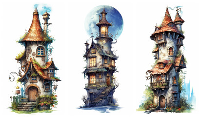 Obraz premium Watercolour fantasy tiny rustic house. Fantasy set of illustrations on a white background. Fussy cuts, greeting cards and envelopes artwork project set 32.